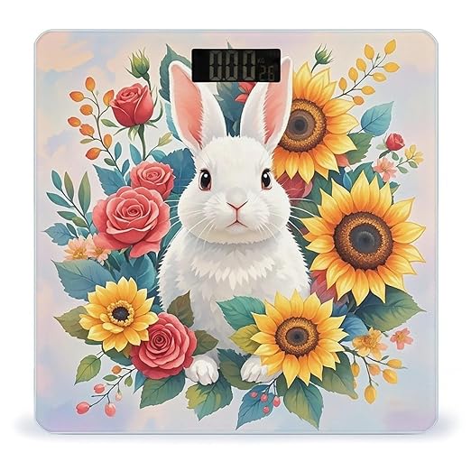 Watercolor Rabbit and Flowers Bathroom Scale for Body Weight Bathroom Weighing Scales with Back Lit LED Display Sturdy Tempered Glass Body Weight Bathroom Scale 400lb Weighing