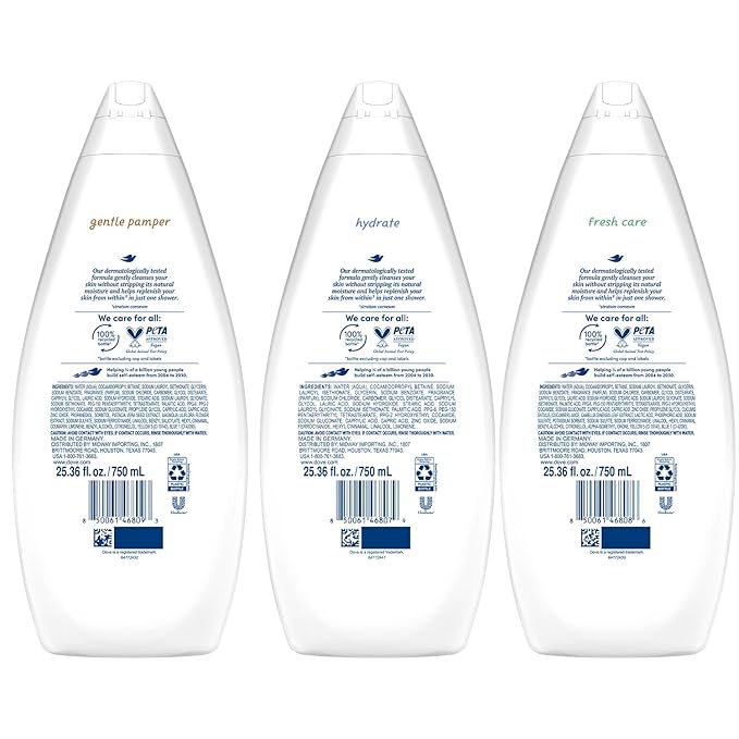 Dove Body Wash Value-Size Variety 3-Pack – Hydrate Fresh Care and Gentle Pamper 25.36 Oz Ea