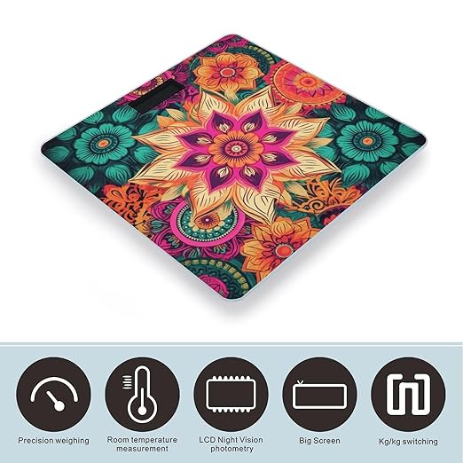 Boho Mandala Colorful Flowers Scale with LCD Precision Weighing Scales Sturdy Tempered Glass Weight Scales Easy-to-Read Anti-Slip Weight Digital Bathroom Scale for Daily