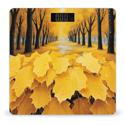 Autumn Yellow Leaves Scale for Body Weight Anti-Slip Tempered Glass Digital Bathroom Scales Clear LCD Display Weighing Scale Safe Rounded Corners Smart Scales