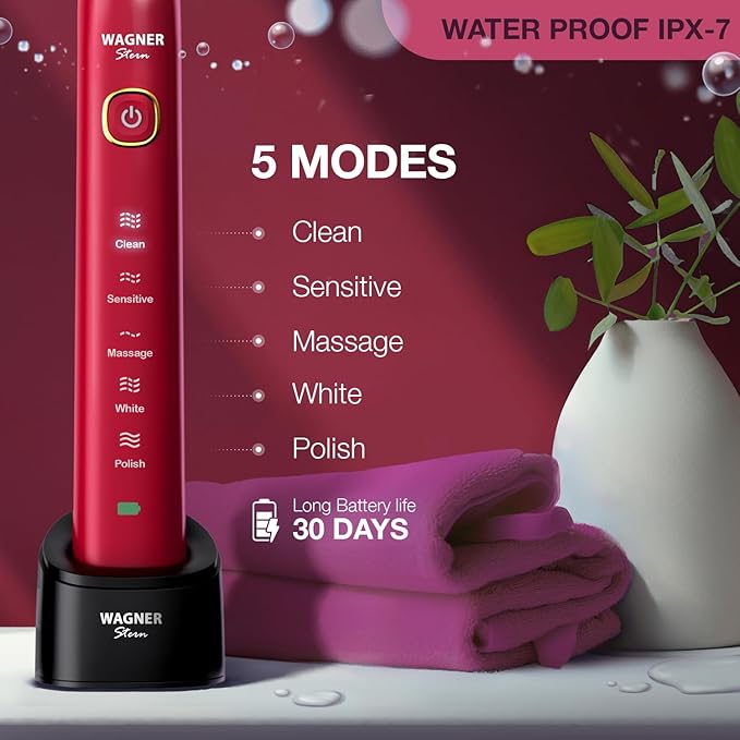 Wagner Stern The Ruby Red Edition ultrasonic whitening Electric Toothbrush Features Five Brushing Modes Eight Soft Brush Heads and a Premium Travel case.