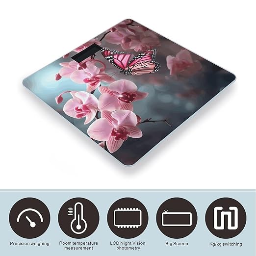 Orchid Flower Butterfly Soft Fresh Spring Bathroom Scale Large LCD Backlight Display Digital Scale Rounded Corners Body Scales Automatic Power On/Off Bathroom Scales for Home Bedrooms
