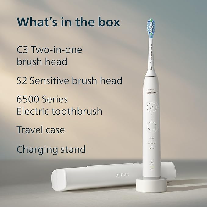 Philips Sonicare 6500 Series Electric Toothbrush - Next-Generation Sonicare Technology Pressure Sensor 9 Brushing Settings SmarTimer BrushPacer 21-Day Runtime Travel Case White HX7410/10