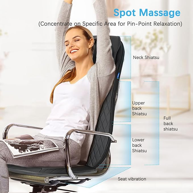 Shiatsu Neck &amp Back Massager with Heat Massage Chair Pad Cushion for Stress Relief Inflatable Flaps Back Support Kneading or Rolling Chair Seat MassageIdeal Gifts for MenWomenFamily