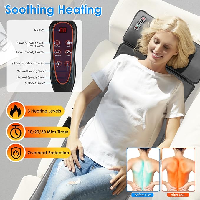 Full Body Massage Mat with Heat &amp Neck Lumbar Massager PillowMultifunctional Back Heated Mattress Pad with 10 Vibration Motors 3 Heating Pads &amp 9 Massage Modes for Neck Back Leg Pain Relief
