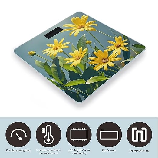 Yellow Flowers and Leaves Scale for Body Weight Digital Bathroom Scale Toughened Glass High Precision Scales for Body Weight with Large LCD Backlight Display Weight Scales