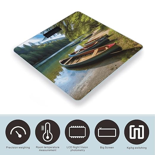 Lake with Boats Canoes Park Bathroom Scale for Body Weight Bathroom Weighing Scale with Backlit LCD Display Highly Accurate Measures Weight Up to 180kg