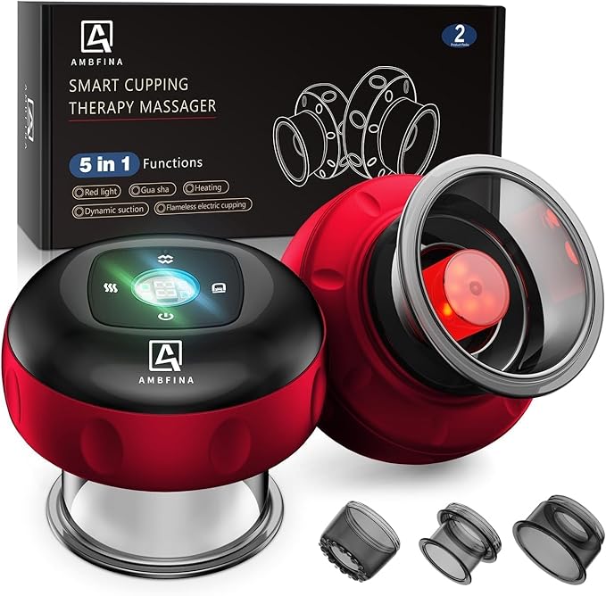 5-in-1 Cupping Kit for Massage Therapy 12 Levels Smart Dynamic Cupping Set with Red Ligh-t Therapy&ampHeat Penetrates for Targeted Pain Relief Knots Aches Muscle Soreness - 2Pcs(Red&ampRed)