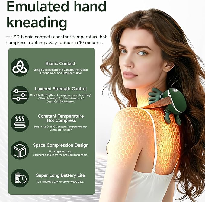 Neck Massager Electric Neck and Back Massager with Heat Simulated Human Hand Design Shoulder Neck Massage for Pain Relief and deep Tissue Shiatsu Massage 4D Kneading Gifts for Men Women