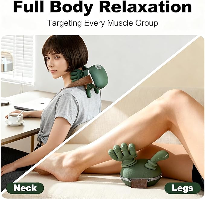 Heated Neck Massager Portable Shiatsu Neck and Back Massager Human Hand-Like Design Deep Massage Pain Relief Muscle Relaxation Electric Neck and Back Massager (Green)