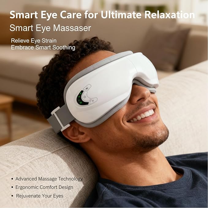 Eye Massager with Heat and Music Relaxation and Stress Relief Device. Heated Eye Mask Massage for Migraines &amp Headache Relief Reduce Dry Eyes Improve Sleep. Birthday Gifts for Women Men Mom Dad