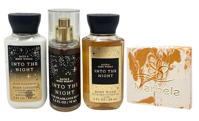Bath &amp Body Works Into The Night - Fine Fragrance Mist - Body Lotion and body Wash with a Peach Gardenia Sample Soap - Travel size