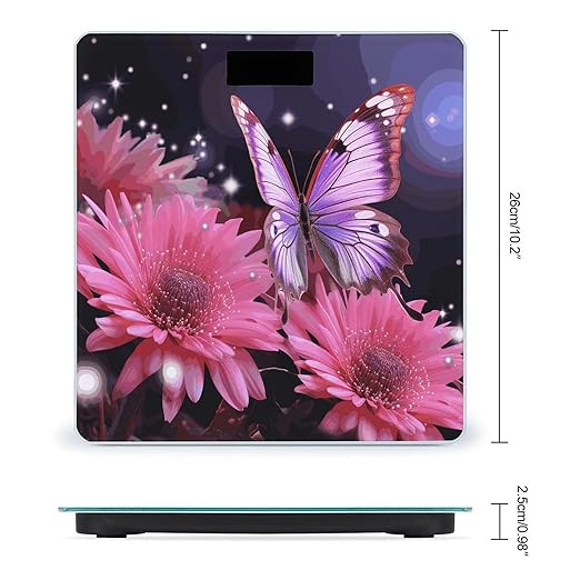 Pink Flower Purple Butterfly Scale for Body Weight Anti-Slip Digital Bathroom Scale Sturdy Toughened Glass Weighing Scales High Precision Safe Rounded Corners Smart Scales