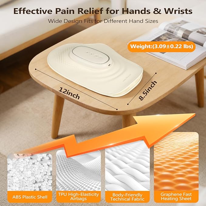 Hand Massager with Heat| Lightweight Cordless Hand Massager| Long Lasting Battery| Full-Hand &amp Wrist Coverage| Designed for Daily Comfort at Office Home Travel (Standard)