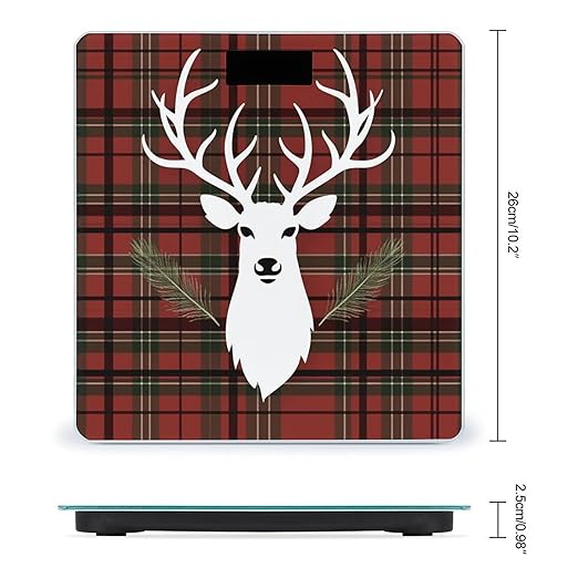 Merry Christmas Reindeer Tartan Checkered Plaid Xmas Weight Scale for Body Weight Digital Bathroom Scale High Capacity Accurate Digital Weighing Scales and Easy-to-Read on Backlit LCD Display Scales