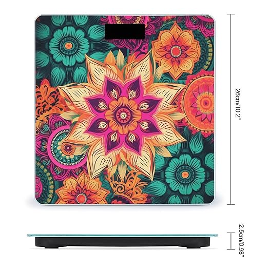 Boho Mandala Colorful Flowers Scale with LCD Precision Weighing Scales Sturdy Tempered Glass Weight Scales Easy-to-Read Anti-Slip Weight Digital Bathroom Scale for Daily