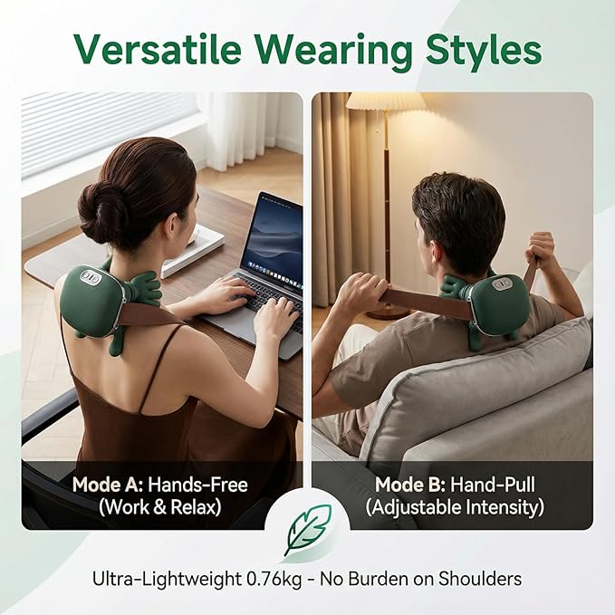 Cordless Neck and Shoulder Massager with Heat Bionic 4D Kneading Deep Tissue Back Massager Hands-Free Wearable Design for Muscle Relaxation Green