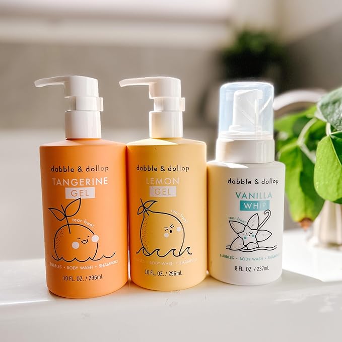 Dabble &amp Dollop Citrus Kiss Bundle Natural Bubble Bath Body Wash &amp Shampoo for Kids Paraben &amp Sulfate Free Vegan Gluten-Free Tear-Free Tangerine Vanilla Lemon (Set of 3)