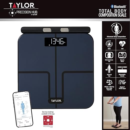 Taylor Smart Total Body Composition Scale with Precision Hub App Retractable Handle 11.8 x 11.8 Glass Platform Vanishing 0.9 LED Display 440 lb Capacity 8 Contact Points Black
