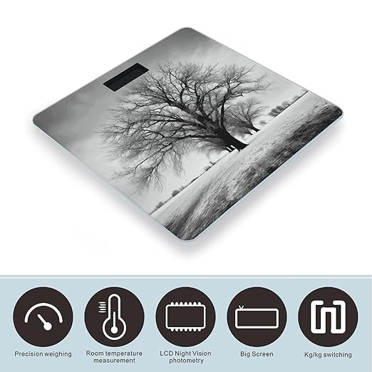 Black and White Tree Scale for Body Weight High Precision Digital Weight Scales with LCD Display Anti-Slip Sturdy Slim Tempered Glass Bathroom Scale for Home Use