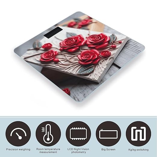 Roses on Wooden Board Digital Bathroom Scale for Body Weight with High Precision Digital Weighing Scale with BMI Clear LCD Display and Step-On Measures Weight Up to 180kg