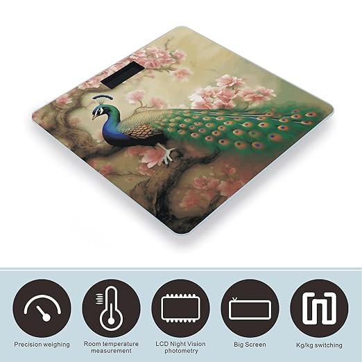 Oriental Peacock on Flower Tree Scale with LCD Precision Weighing Scales Sturdy Tempered Glass Weight Scales Easy-to-Read Anti-Slip Weight Digital Bathroom Scale for Daily