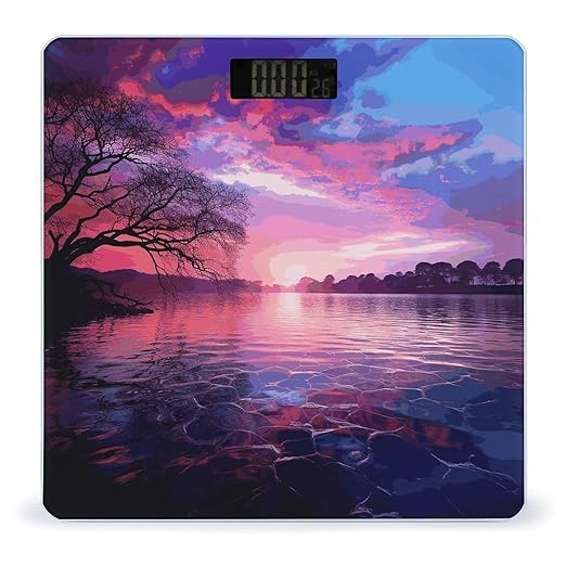 Purple Sunset on Water Bathroom Scale for Body Weight Bathroom Weighing Scale with Backlit LCD Display Highly Accurate Measures Weight Up to 180kg