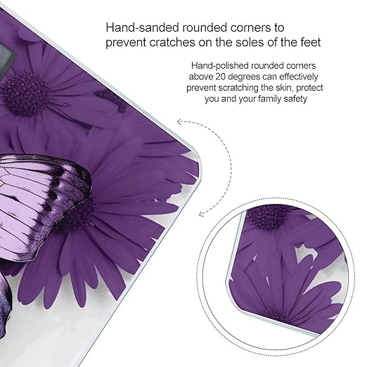 Purple ButterflyScale for Body Weight with LCD High Precision Weighing Scales Fashion Sturdy Tempered Glass Weight Scales Easy-to-Read Digital Bathroom Scale for Daily 400lb
