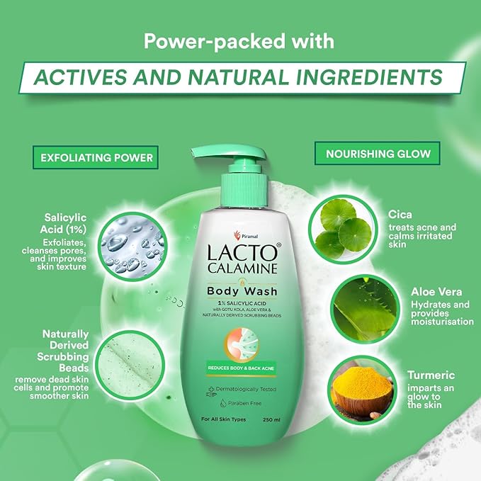 Lacto Calamine 1% Salicylic Acid Body Wash | 250ml | For Body Acne Back Acne Rough &amp Bumpy Skin |Cica Aloe Vera Turmeric &amp Natural Scrub Beads | Paraben Free | Body Wash Shower Gel For Men
