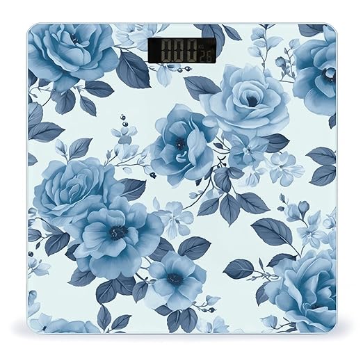 Blue Flower Floral Pattern Roses Bathroom Scale Large LCD Backlight Display Digital Scale Rounded Corners Body Scales Automatic Power On/Off Bathroom Scales for Home Bedrooms