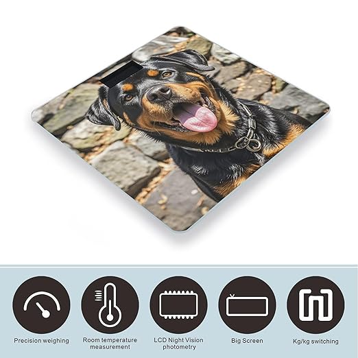 Rottweiler Dogs Tongue Head Bathroom Scale for Body Weight Bathroom Weighing Scales with Back Lit LED Display Sturdy Tempered Glass Body Weight Bathroom Scale 400lb Weighing