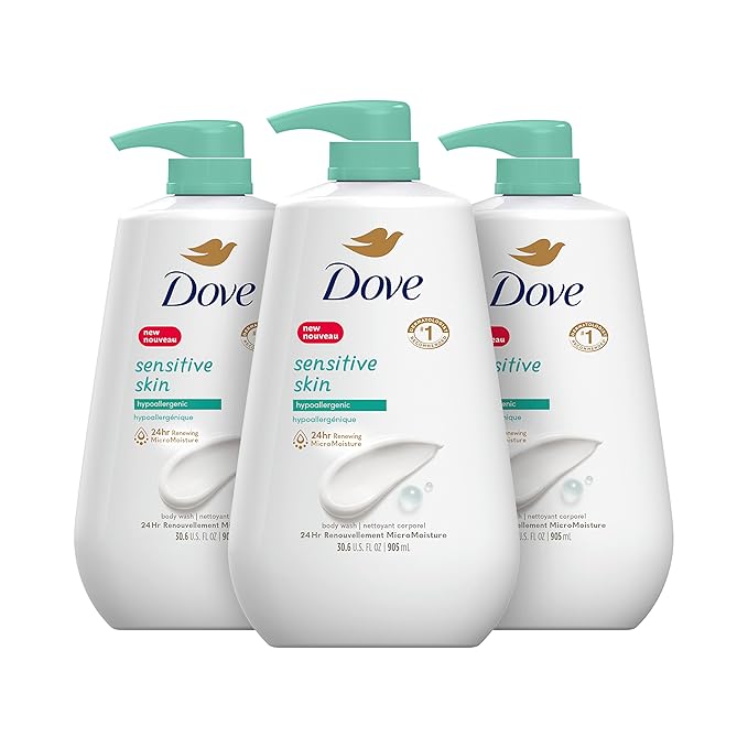 Dove Sensitive Skin Body Wash 30.6 fl oz (Pack of 3) and Advanced Care Antiperspirant Deodorant Spray with Pro-Ceramide Technology