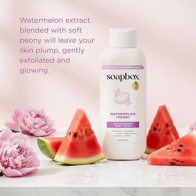 Soapbox Body Wash Watermelon + Peony Body Wash for Women Men Vegan &amp Antioxidant Rich Exfoliating Moisturizing Soap with Shea Butter Peptides &amp Keratin Promoting B3 3 Pack 20oz Each