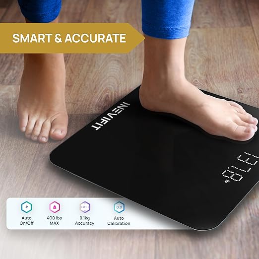 INEVIFIT Smart Bathroom Scale Highly Accurate Bluetooth Digital Bathroom Body Weight Scale Precisely Measures Weight &amp BMI for Unlimited Users (S-Black)