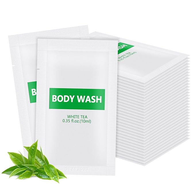 100 pack 0.35 fl oz/10ml Travel Size Shampoo Bulk Individually Wrapped bundle with 100 pack Travel Size Body Wash Bulk White Tea Scent0.35 fl oz/10ml