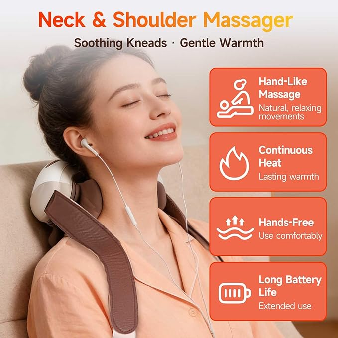 Neck and Shoulder Massager with Heat Palm-Style Kneading 3 Speeds Ergonomic Hands-Free Design Portable Massage Device for Home Office Travel
