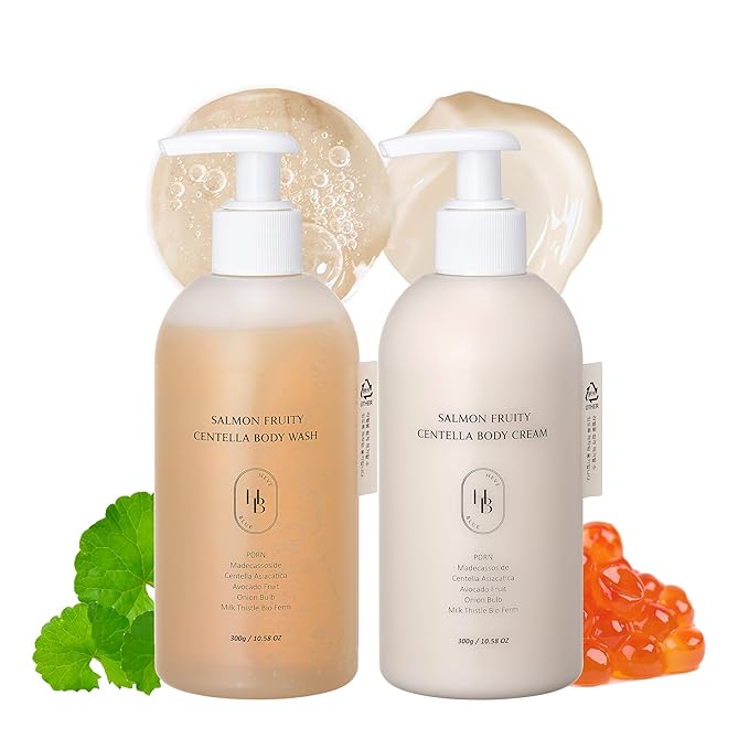 HEVEBLUE Salmon Fruity Centella Body Wash &amp Body Cream Duo - Complete Gift Set for Sensitive Skin