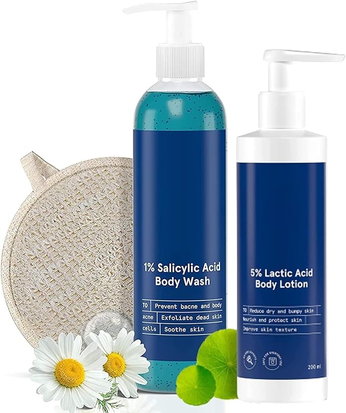 1% Salicylic Acid Bodywash 375 mL with Loofah &amp 5% Lactic Acid Lotion 200 mL for Women | Helps to Prevent Body Acne Cleanses Skin &amp Nourishes Skin | Paraben and SLS Free