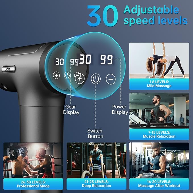 Massage Gun Massage Gun Deep Tissue Handheld Back Massager for Athletes Percussion Muscle Massager with 6 Attachments &amp 30 Speed Father's Day Grey