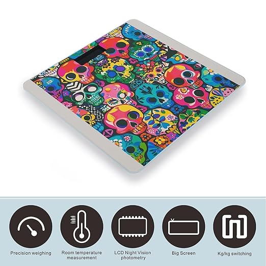 Colorful Skulls Print Scale for Body Weight Accurate Digital Bathroom Scale Toughened Glass High Precision Scales Smart Weight Scales with Large LCD Backlight Display Weighing Machine