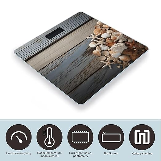 Seashells on Wooden Board Scale for Body Weight Anti-Slip Tempered Glass Digital Bathroom Scales Clear LCD Display Weighing Scale Safe Rounded Corners Smart Scales