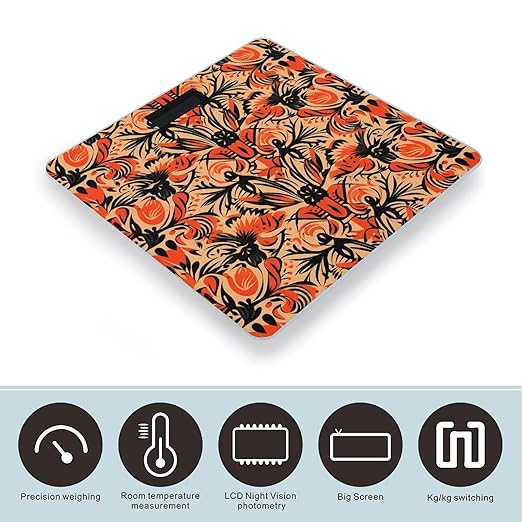 Orange Folk Pattern Scale for Body Weight Anti-Slip Digital Bathroom Scale Sturdy Toughened Glass Weighing Scales High Precision Safe Rounded Corners Smart Scales