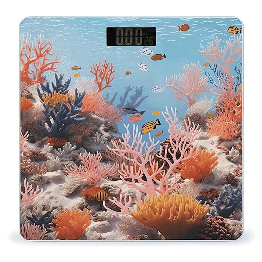 Coral Reef Scale for Body Weight Anti-Slip Tempered Glass Digital Bathroom Scales Clear LCD Display Weighing Scale Safe Rounded Corners Smart Scales