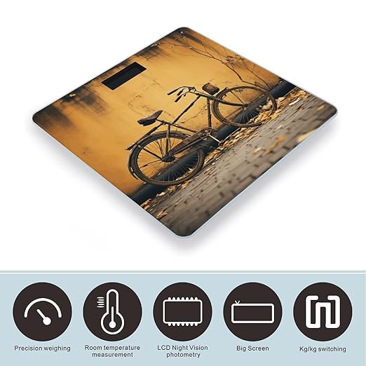 Old Rusty Vintage Bicycle Scale for Body Weight Anti-Slip Tempered Glass Digital Bathroom Scales Clear LCD Display Weighing Scale Safe Rounded Corners Smart Scales