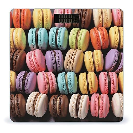 Macaron Biscuit Flavored PastriesScale for Body Weight with LCD High Precision Weighing Scales Fashion Sturdy Tempered Glass Weight Scales Easy-to-Read Digital Bathroom Scale for Daily 400lb
