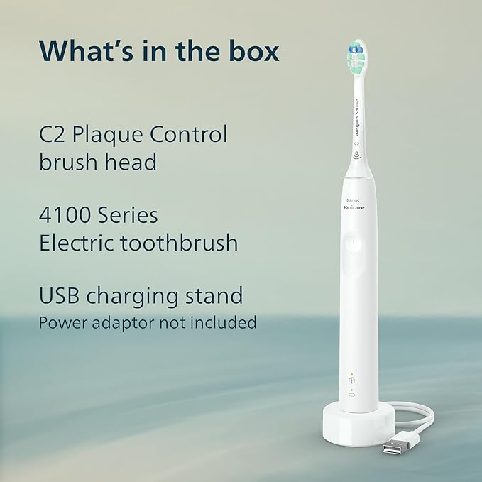 Philips Sonicare 4100 Series Electric Toothbrush - Sonic Toothbrush with Advanced Sonic Technology Pressure Sensor Two Intensity Settings Smartimer &amp Quadpacer White Model HX3681/23
