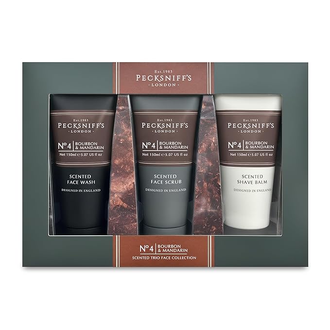 Pecksniff’s Men’s Trio Face Collection – Bourbon &amp Mandarin – Face Wash Face Scrub &amp Shave Balm Gift Set 3 x 75ml