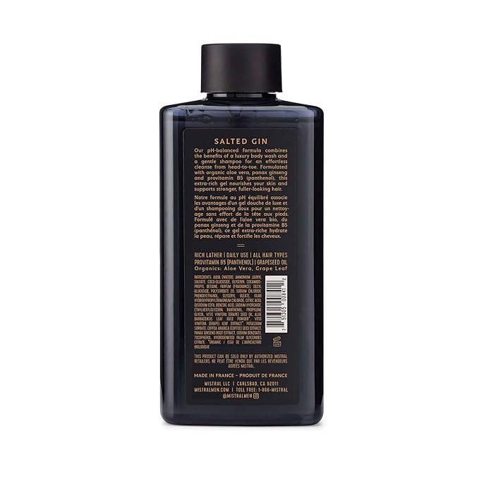 Mistral Men's Body Wash &amp Shampoo Salted Gin 13.5 oz | 2-in-1 Natural Shower Gel for Men | SLS Paraben &amp Phthalate Free | Natural Men’s Body Wash Moisturizing Bath Gel - Made in France