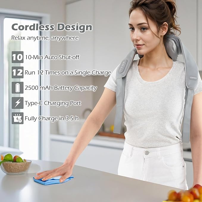 COSTWAY Neck Shoulder Massager with Heat 4D Deep Tissue Kneading Shiatsu Machine for Pain Relief Portable Cordless Neck Back Leg Massager Pillow Gift for Mom Dad Family Women Men (Grey)