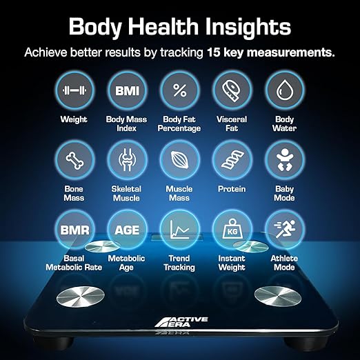 Active Era Digital Bathroom Bluetooth Scales Weight and Body Fat - Fit Track Scale Calculates BMI Body Fat Percentage Muscle Mass - Apple Health Google Fit &amp Fitbit Compatibility (Black)